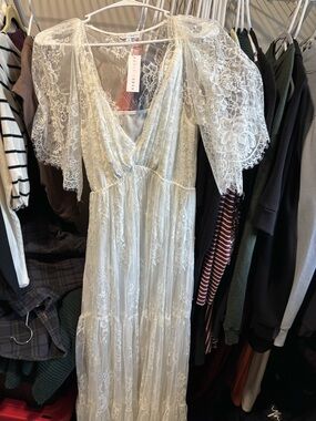 Baltic Born Ivory Lace Maxi Dress with Puff Sleeves